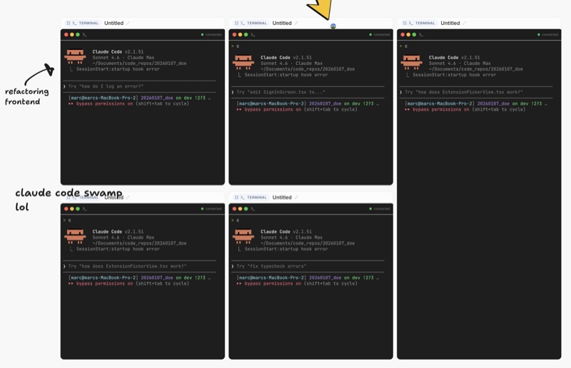 Multiple Claude Code terminal sessions on the canvas